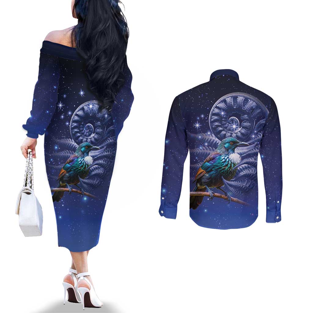 Tui Bird Matariki Galaxy Couples Matching Off The Shoulder Long Sleeve Dress and Long Sleeve Button Shirt Koru Silver Fern Aotearoa LT9 - Polynesian Pride