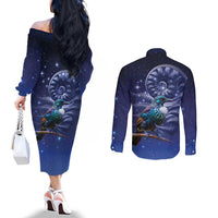 Tui Bird Matariki Galaxy Couples Matching Off The Shoulder Long Sleeve Dress and Long Sleeve Button Shirt Koru Silver Fern Aotearoa LT9 - Polynesian Pride