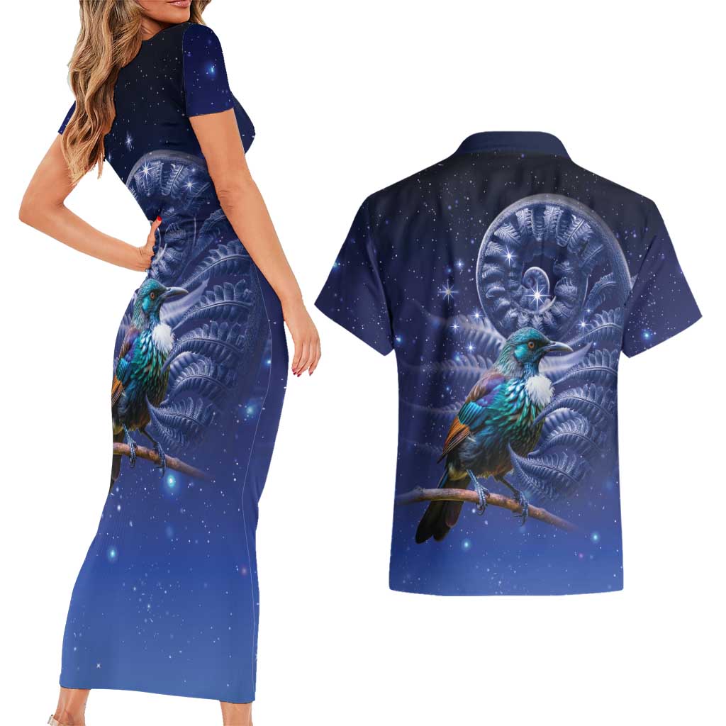 Tui Bird Matariki Galaxy Couples Matching Short Sleeve Bodycon Dress and Hawaiian Shirt Koru Silver Fern Aotearoa LT9 - Polynesian Pride