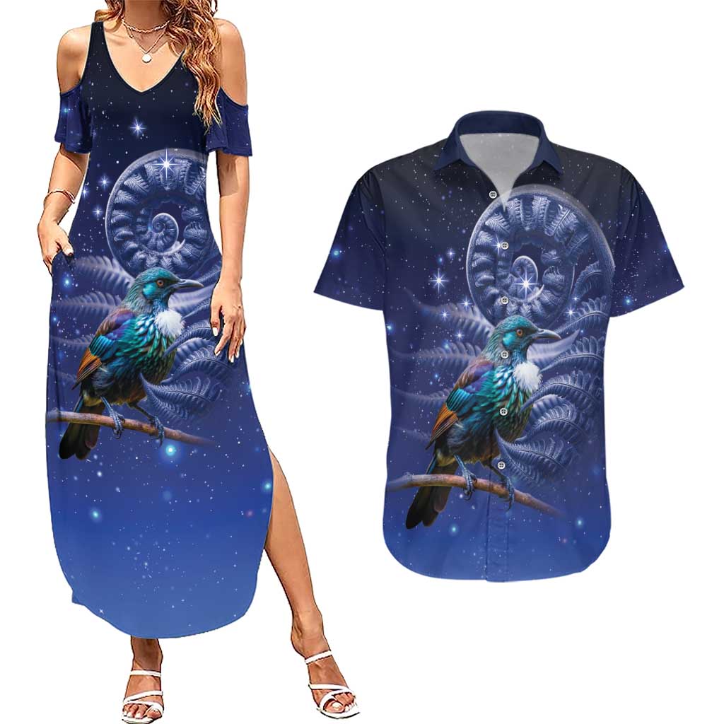 Tui Bird Matariki Galaxy Couples Matching Summer Maxi Dress and Hawaiian Shirt Koru Silver Fern Aotearoa