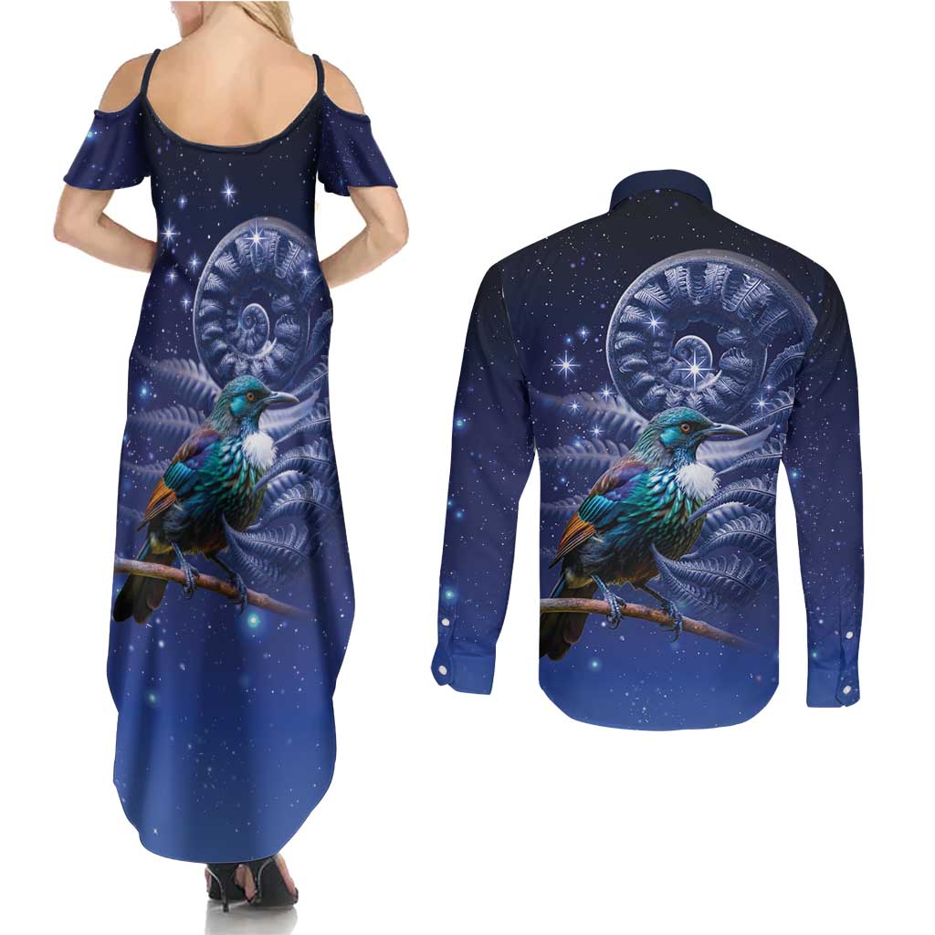 Tui Bird Matariki Galaxy Couples Matching Summer Maxi Dress and Long Sleeve Button Shirt Koru Silver Fern Aotearoa