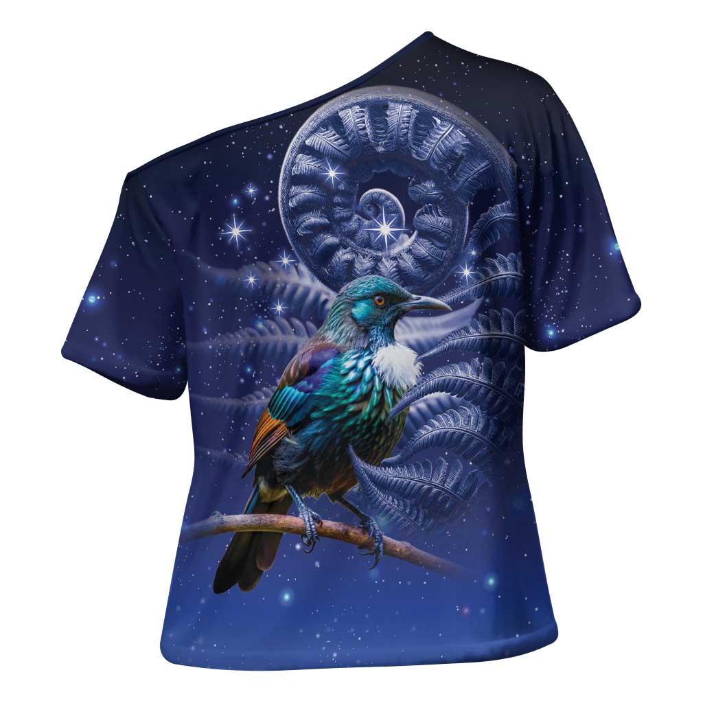 Tui Bird Matariki Galaxy Cross Shoulder Shirt Koru Silver Fern Aotearoa