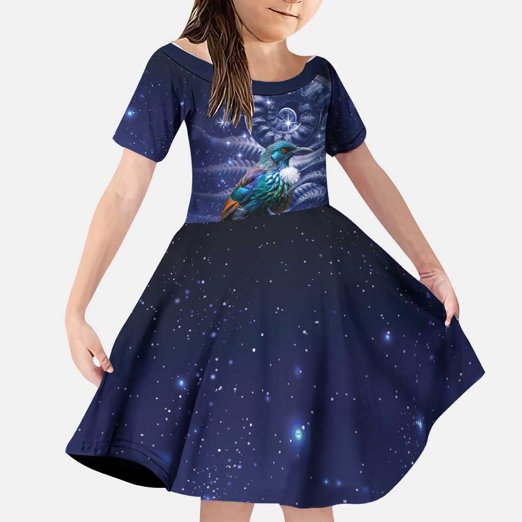 Tui Bird Matariki Galaxy Family Matching Mermaid Dress and Hawaiian Shirt Koru Silver Fern Aotearoa LT9 Daughter's Dress Galaxy - Polynesian Pride