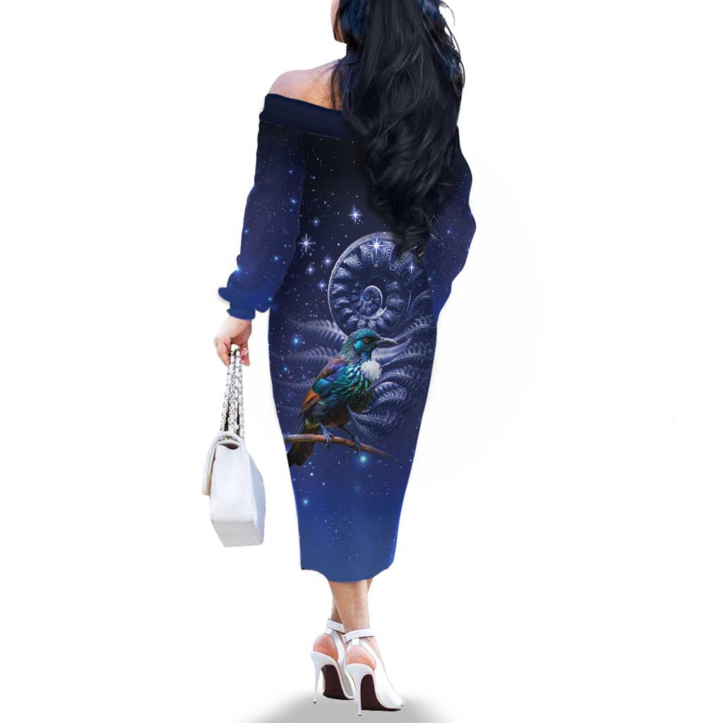 Tui Bird Matariki Galaxy Family Matching Off The Shoulder Long Sleeve Dress and Hawaiian Shirt Koru Silver Fern Aotearoa LT9 - Polynesian Pride