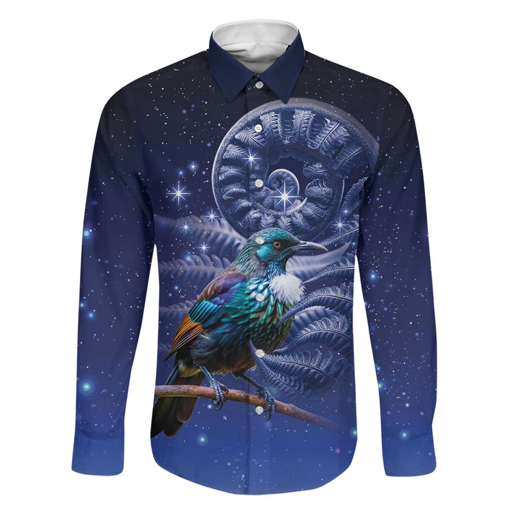 Tui Bird Matariki Galaxy Family Matching Off Shoulder Maxi Dress and Hawaiian Shirt Koru Silver Fern Aotearoa LT9 Dad's Shirt - Long Sleeve Galaxy - Polynesian Pride