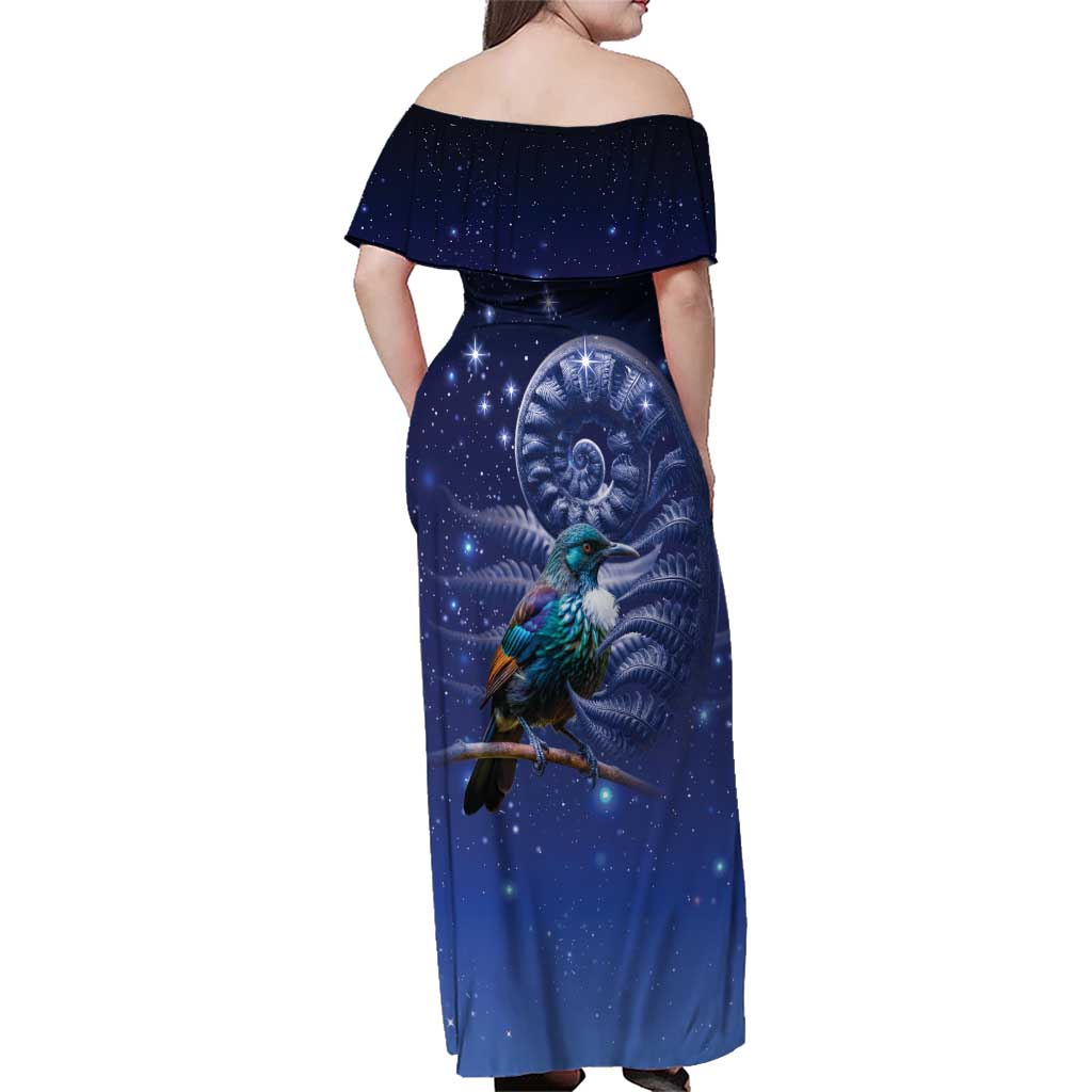 Tui Bird Matariki Galaxy Family Matching Off Shoulder Maxi Dress and Hawaiian Shirt Koru Silver Fern Aotearoa LT9 - Polynesian Pride