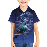Tui Bird Matariki Galaxy Family Matching Off Shoulder Maxi Dress and Hawaiian Shirt Koru Silver Fern Aotearoa LT9 Son's Shirt Galaxy - Polynesian Pride