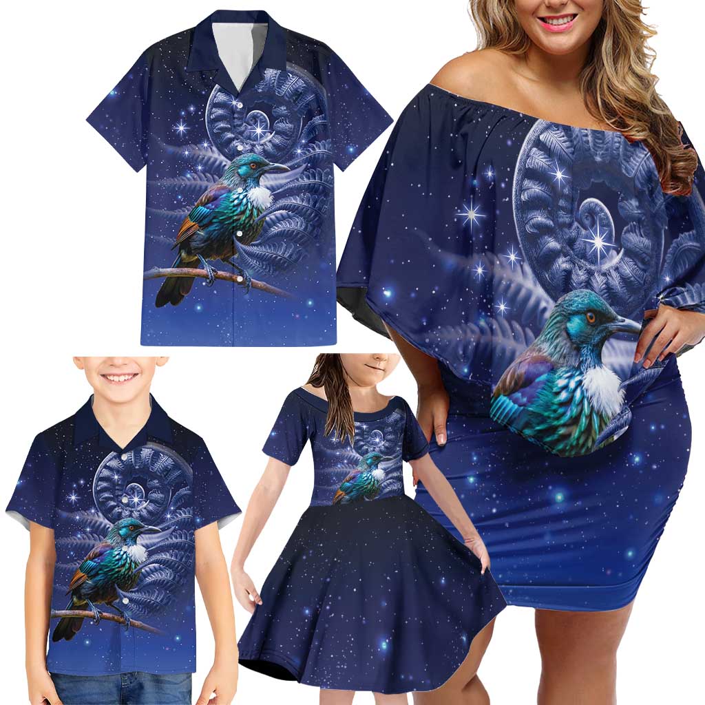 Tui Bird Matariki Galaxy Family Matching Off Shoulder Short Dress and Hawaiian Shirt Koru Silver Fern Aotearoa LT9 - Polynesian Pride