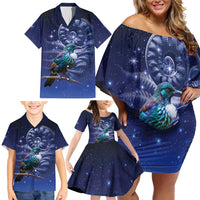 Tui Bird Matariki Galaxy Family Matching Off Shoulder Short Dress and Hawaiian Shirt Koru Silver Fern Aotearoa LT9 - Polynesian Pride