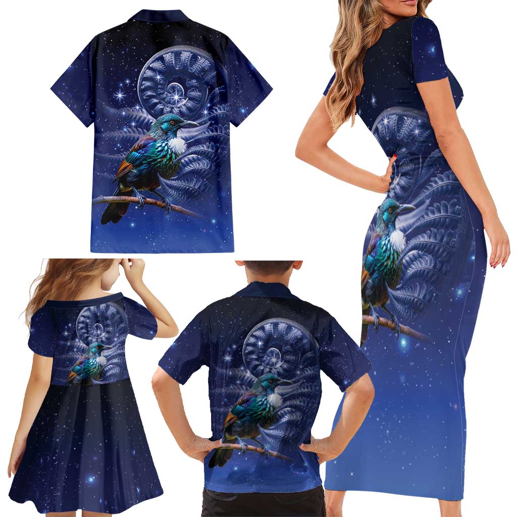 Tui Bird Matariki Galaxy Family Matching Short Sleeve Bodycon Dress and Hawaiian Shirt Koru Silver Fern Aotearoa LT9 - Polynesian Pride
