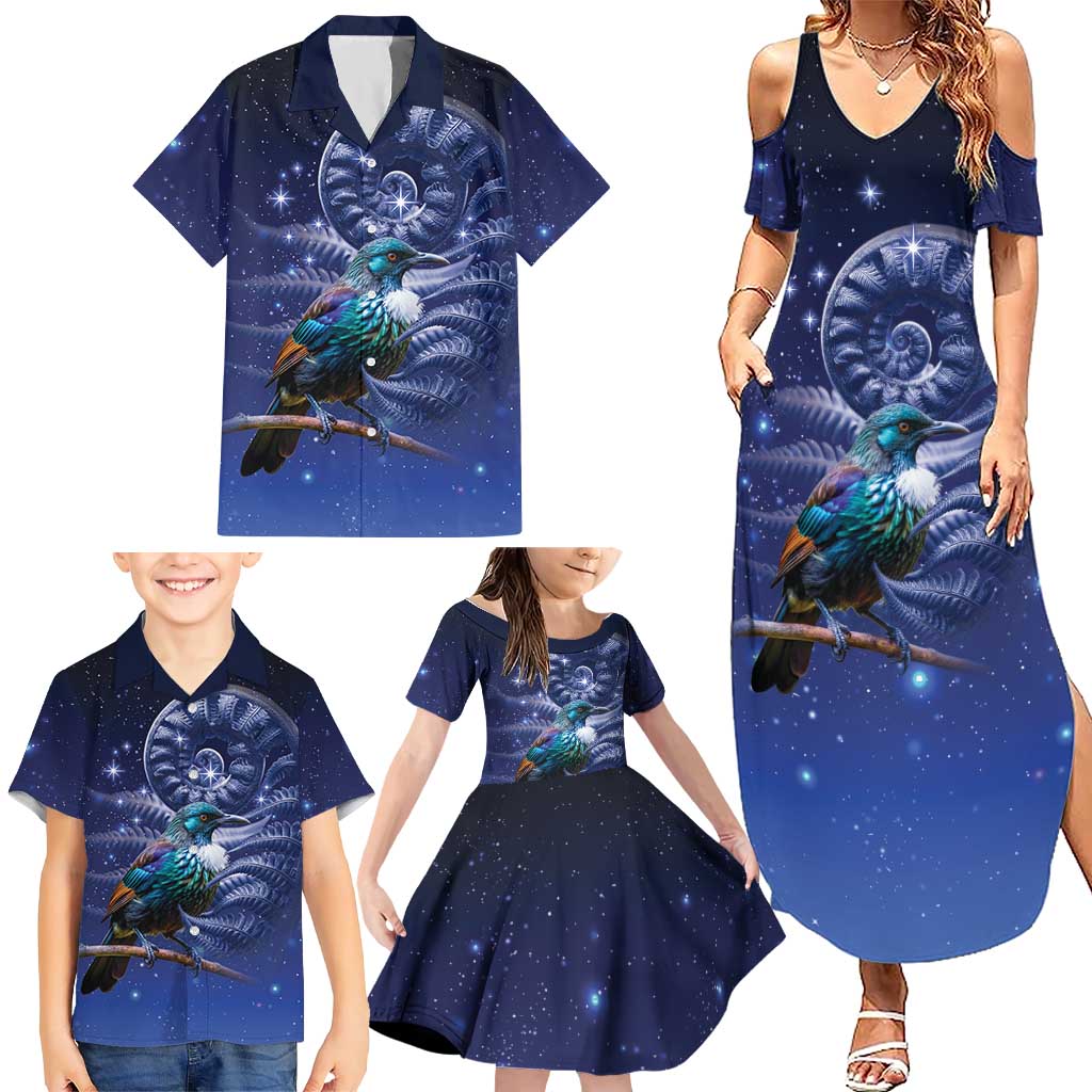 Tui Bird Matariki Galaxy Family Matching Summer Maxi Dress and Hawaiian Shirt Koru Silver Fern Aotearoa LT9 - Polynesian Pride