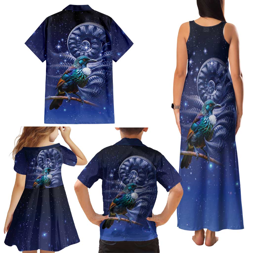 Tui Bird Matariki Galaxy Family Matching Tank Maxi Dress and Hawaiian Shirt Koru Silver Fern Aotearoa LT9 - Polynesian Pride