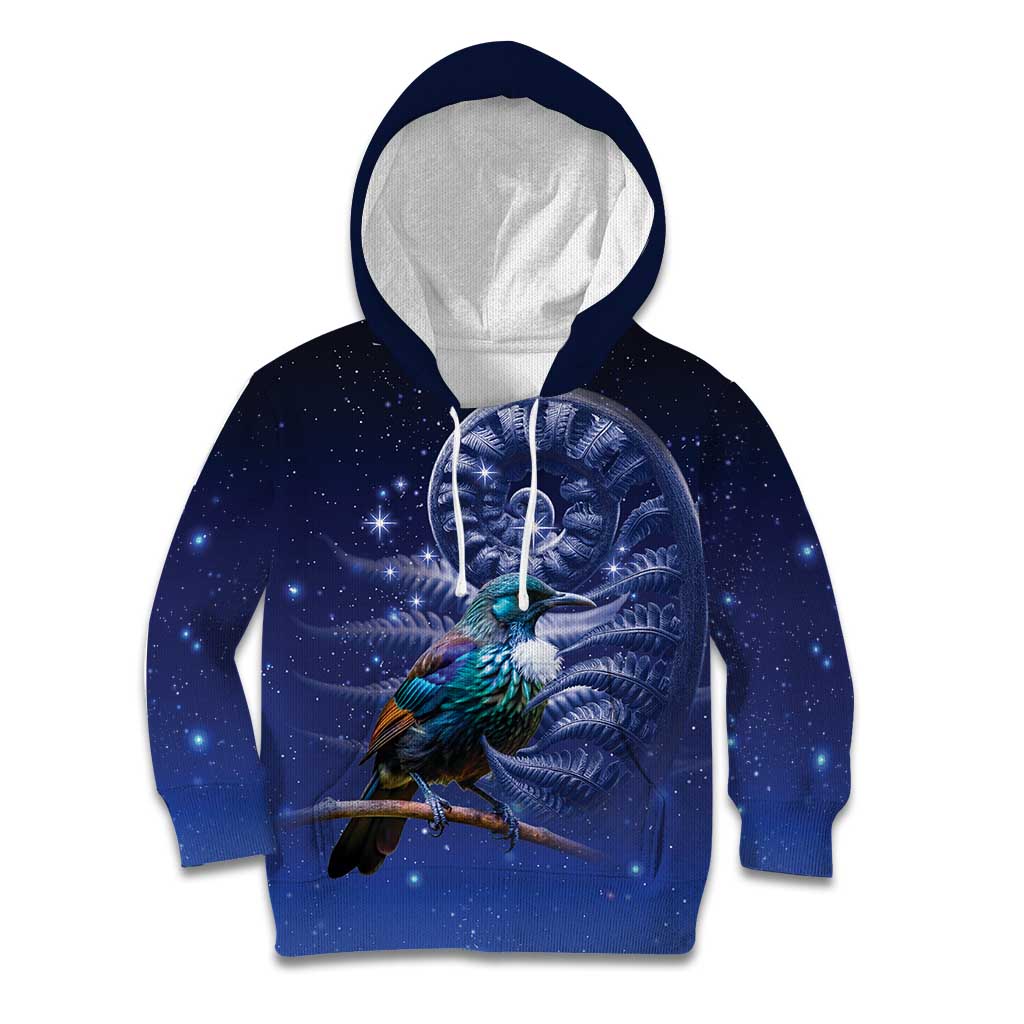 Tui Bird Matariki Galaxy Kid Hoodie Koru Silver Fern Aotearoa