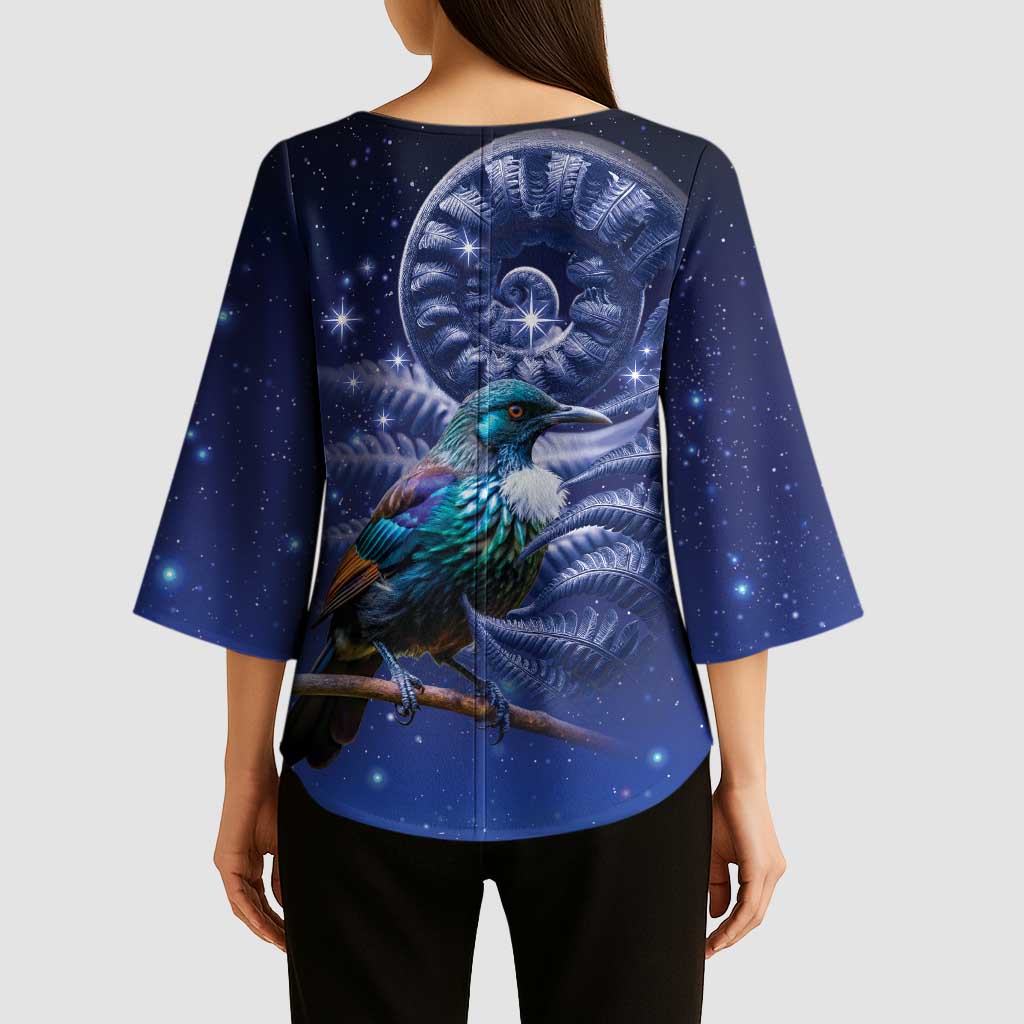 Tui Bird Matariki Galaxy Kimono Sleeve Blouse Koru Silver Fern Aotearoa