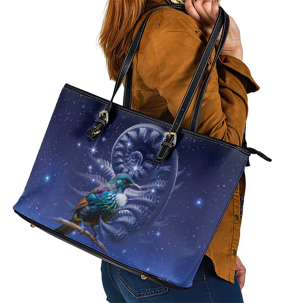 Tui Bird Matariki Galaxy Leather Tote Bag Koru Silver Fern Aotearoa