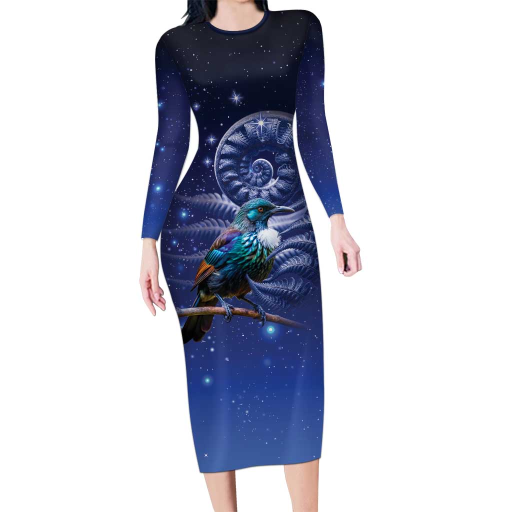Tui Bird Matariki Galaxy Long Sleeve Bodycon Dress Koru Silver Fern Aotearoa