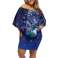 Tui Bird Matariki Galaxy Off Shoulder Short Dress Koru Silver Fern Aotearoa