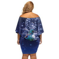 Tui Bird Matariki Galaxy Off Shoulder Short Dress Koru Silver Fern Aotearoa