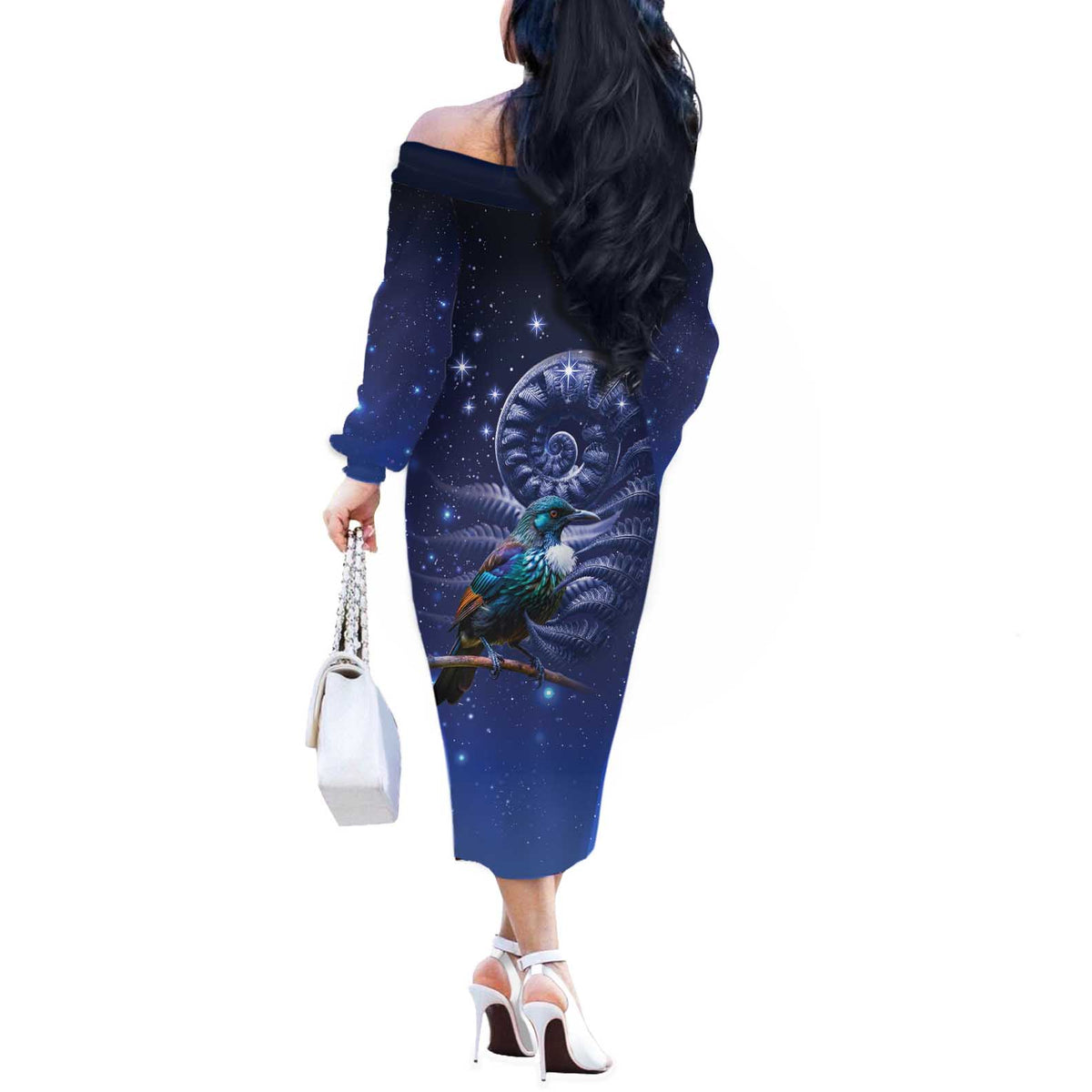 Tui Bird Matariki Galaxy Off The Shoulder Long Sleeve Dress Koru Silver Fern Aotearoa