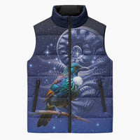 Tui Bird Matariki Galaxy Sleeveless Puffer Jacket Koru Silver Fern Aotearoa