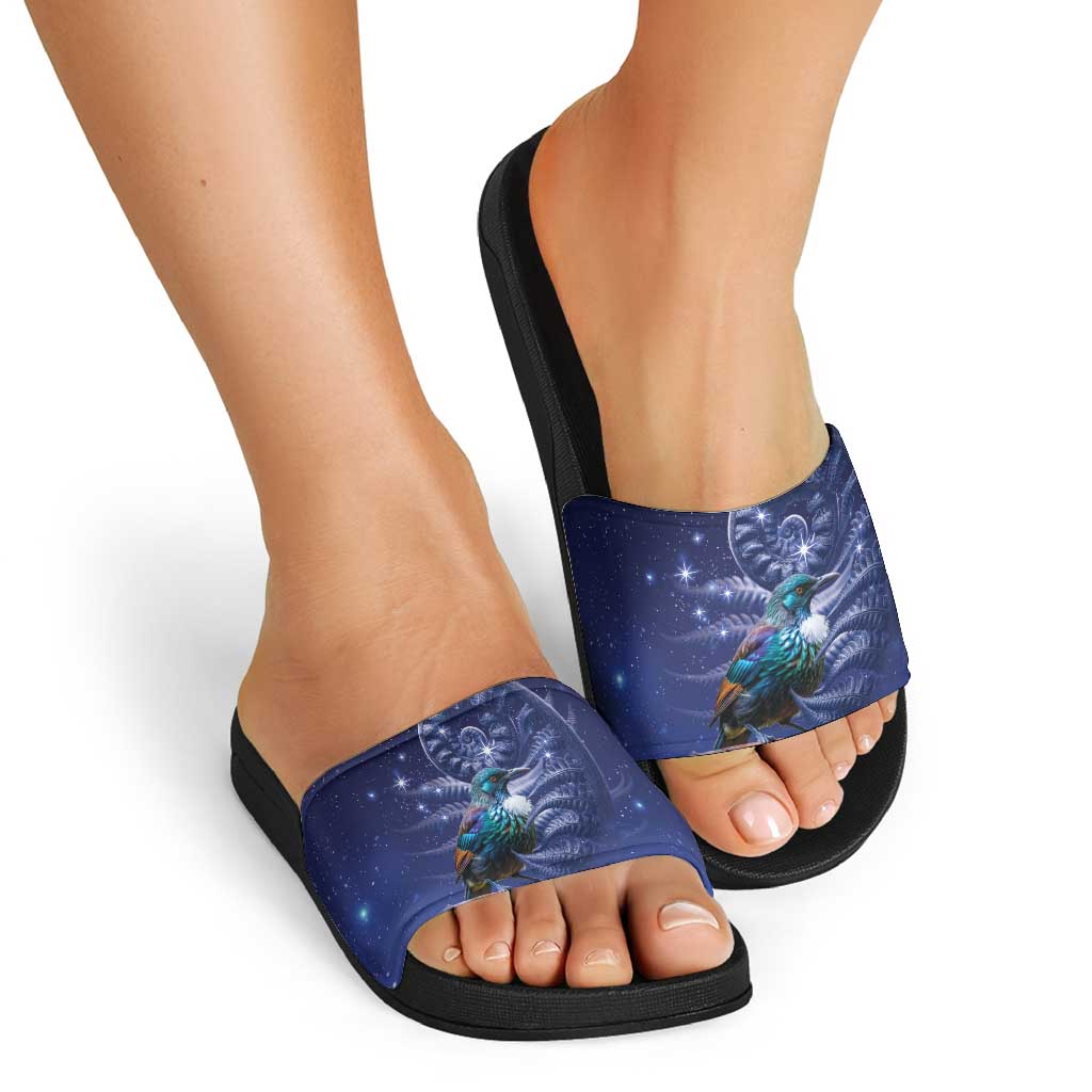 Tui Bird Matariki Galaxy Slide Sandals Koru Silver Fern Aotearoa