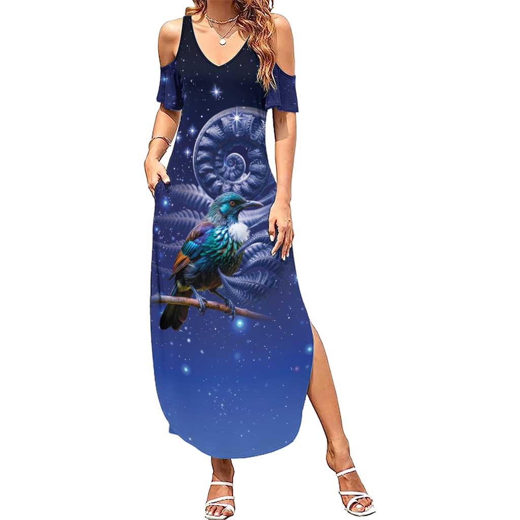 Tui Bird Matariki Galaxy Summer Maxi Dress Koru Silver Fern Aotearoa
