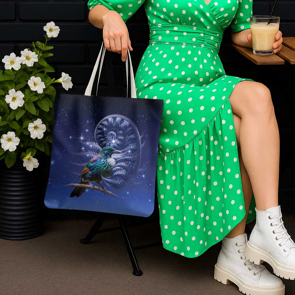 Tui Bird Matariki Galaxy Tote Bag Koru Silver Fern Aotearoa