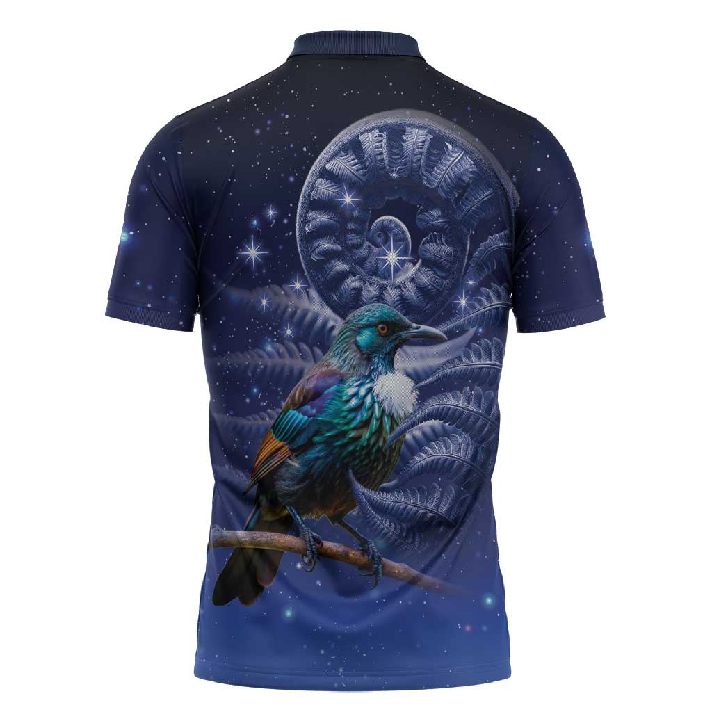Tui Bird Matariki Galaxy Zipper Polo Shirt Koru Silver Fern Aotearoa