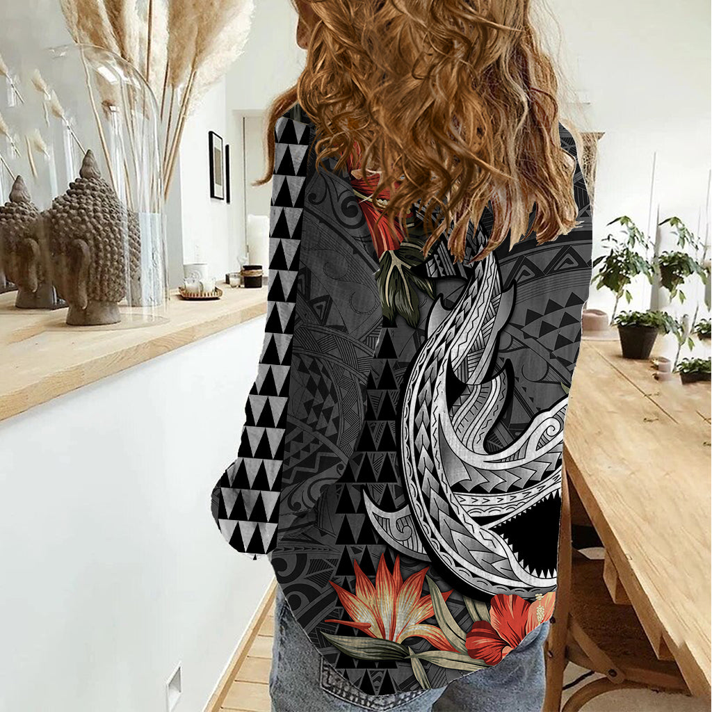 Hawaii Shark Tattoo Women Casual Shirt Polynesian Vintage Vibes LT9 - Polynesian Pride