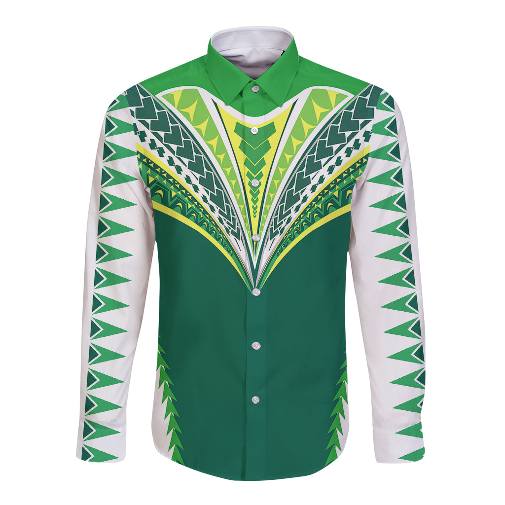 Personalised Polynesian Pride Cook Islands Rugby Long Sleeve Button Shirt No1 LT9 Unisex Green - Polynesian Pride