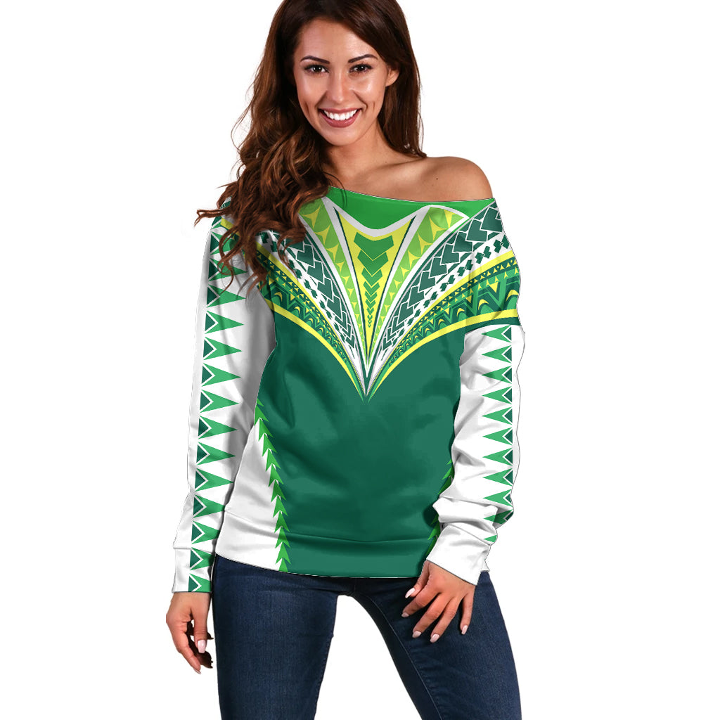 Personalised Polynesian Pride Cook Islands Rugby Off Shoulder Sweater No1 LT9 Women Green - Polynesian Pride
