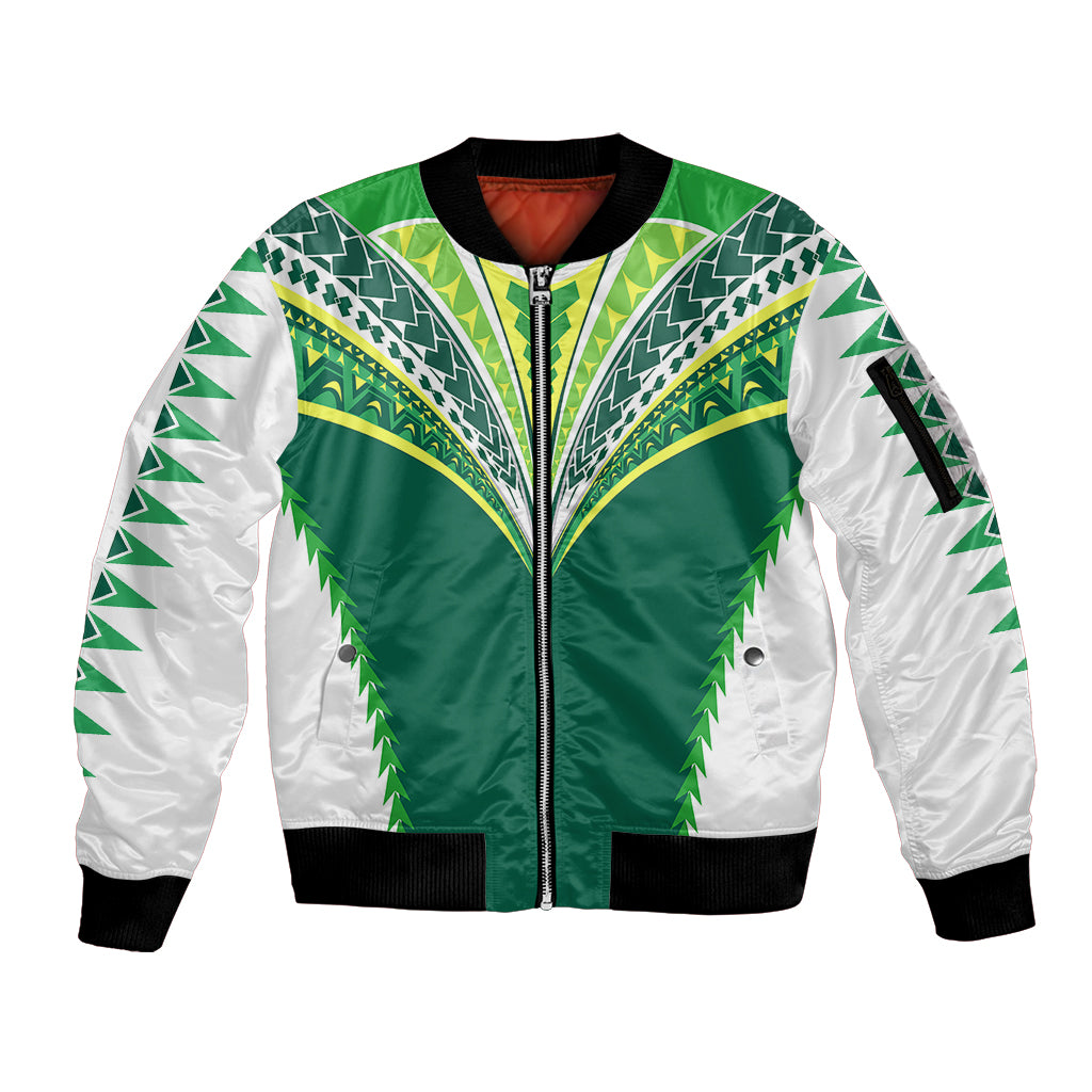 Personalised Polynesian Pride Cook Islands Rugby Sleeve Zip Bomber Jacket No1 LT9 Unisex Green - Polynesian Pride