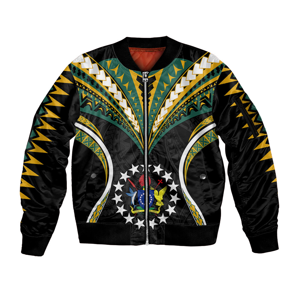 Personalised Polynesian Pride Cook Islands Sleeve Zip Bomber Jacket Tribal Wave Style LT9 Unisex Black - Polynesian Pride