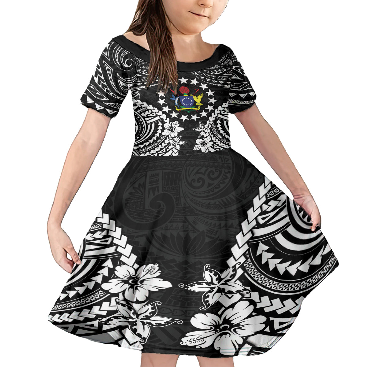 Cook Islands Ra o te Ui Ariki Est 1967 Family Matching Mermaid Dress and Hawaiian Shirt LT9 Daughter's Dress Black - Polynesian Pride