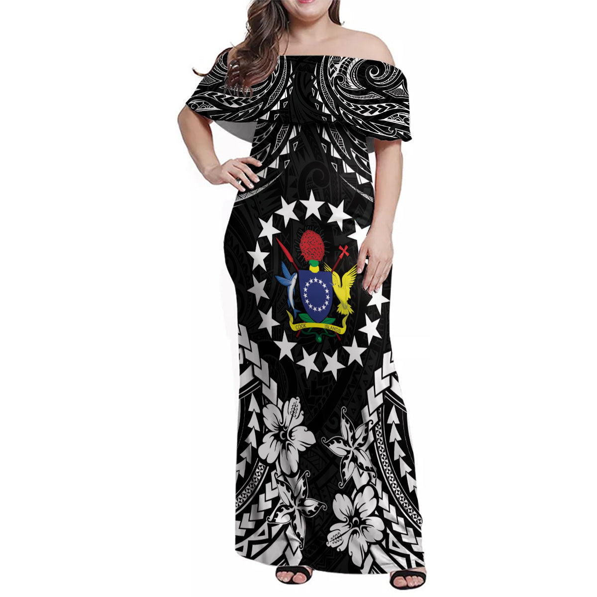 Cook Islands Ra o te Ui Ariki Est 1967 Family Matching Off Shoulder Maxi Dress and Hawaiian Shirt LT9 Mom's Dress Black - Polynesian Pride