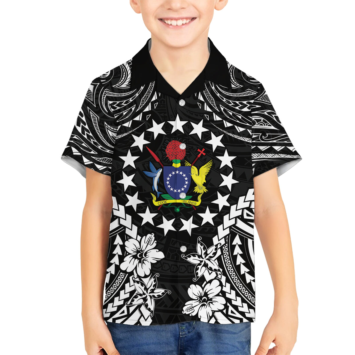 Cook Islands Ra o te Ui Ariki Est 1967 Family Matching Off Shoulder Maxi Dress and Hawaiian Shirt LT9 Son's Shirt Black - Polynesian Pride