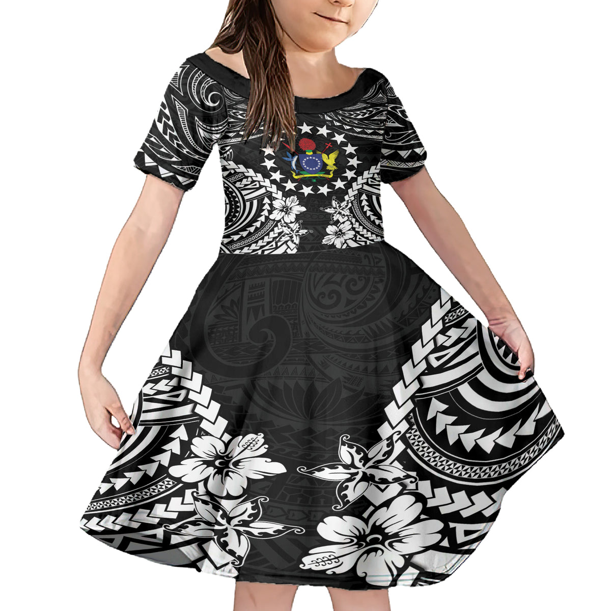 Cook Islands Ra o te Ui Ariki Est 1967 Family Matching Short Sleeve Bodycon Dress and Hawaiian Shirt LT9 Daughter's Dress Black - Polynesian Pride