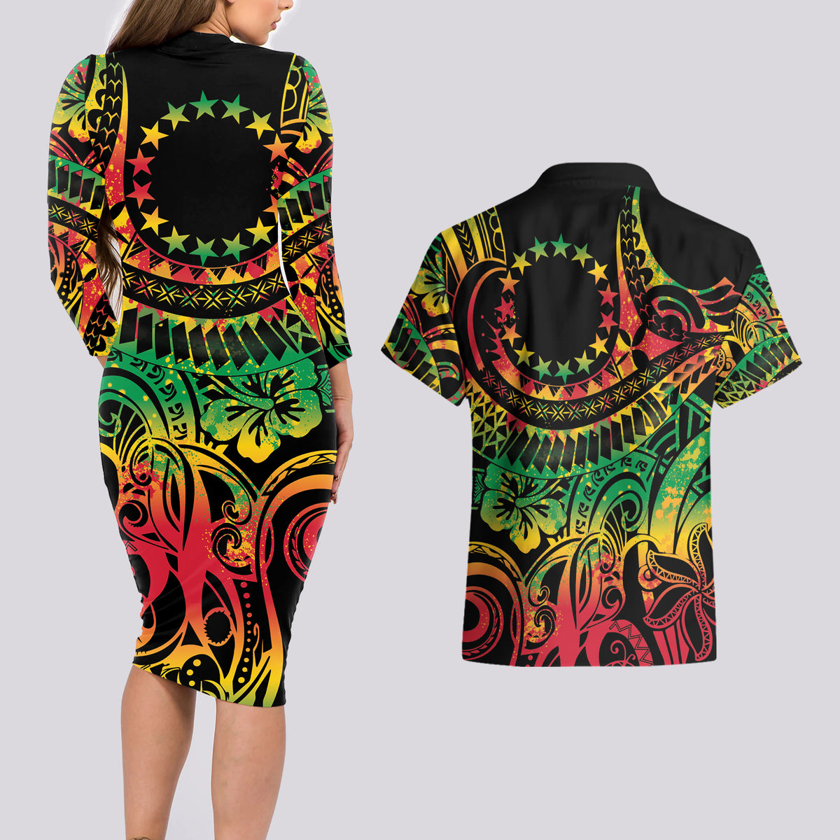 Cook Islands 15 Stars Couples Matching Long Sleeve Bodycon Dress and Hawaiian Shirt Kuki Airani Polynesian Tribal Wave Tattoo LT9 - Polynesian Pride
