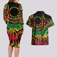 Cook Islands 15 Stars Couples Matching Long Sleeve Bodycon Dress and Hawaiian Shirt Kuki Airani Polynesian Tribal Wave Tattoo LT9 - Polynesian Pride