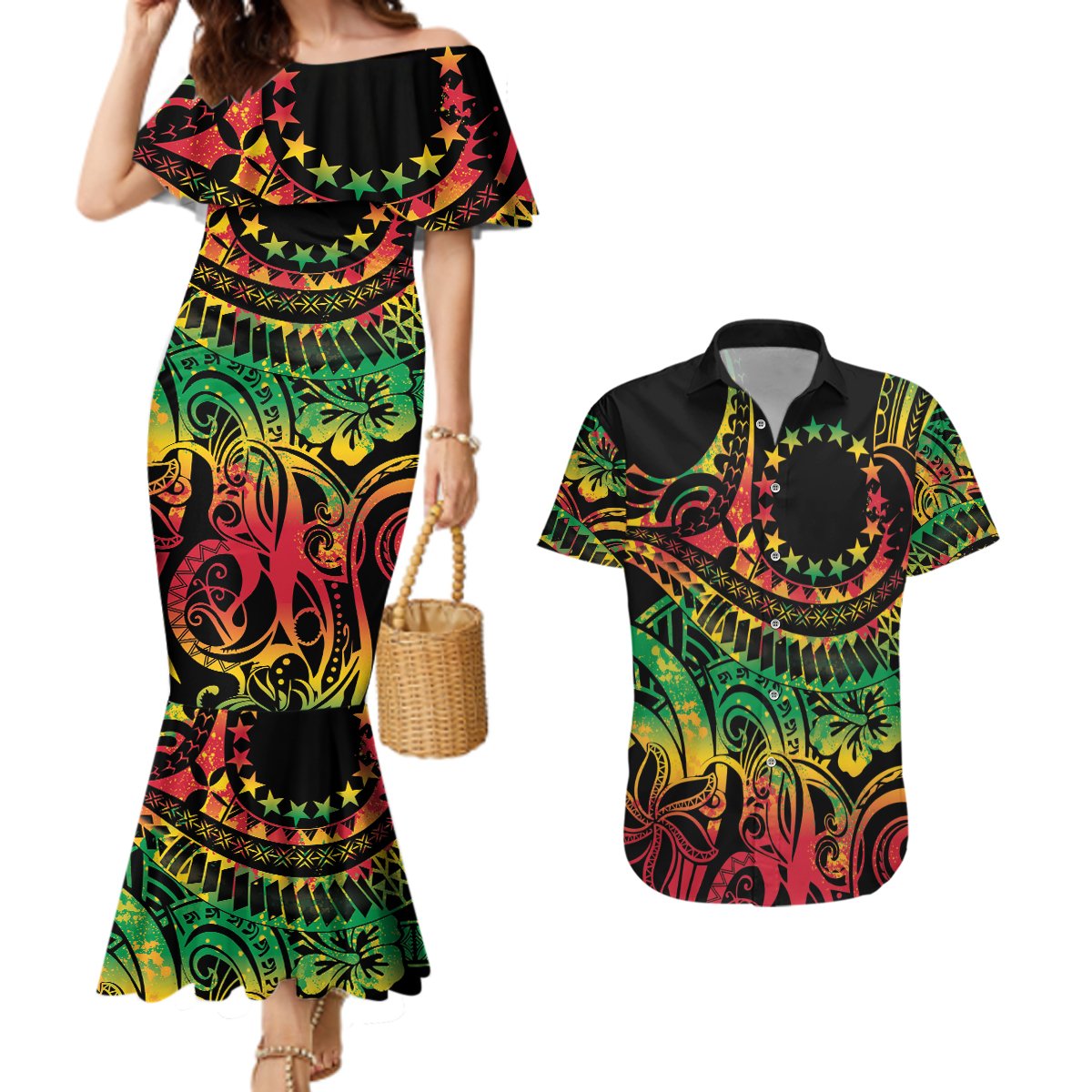 Cook Islands 15 Stars Couples Matching Mermaid Dress and Hawaiian Shirt Kuki Airani Polynesian Tribal Wave Tattoo LT9 Reggae - Polynesian Pride
