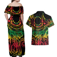 Cook Islands 15 Stars Couples Matching Off Shoulder Maxi Dress and Hawaiian Shirt Kuki Airani Polynesian Tribal Wave Tattoo LT9 - Polynesian Pride