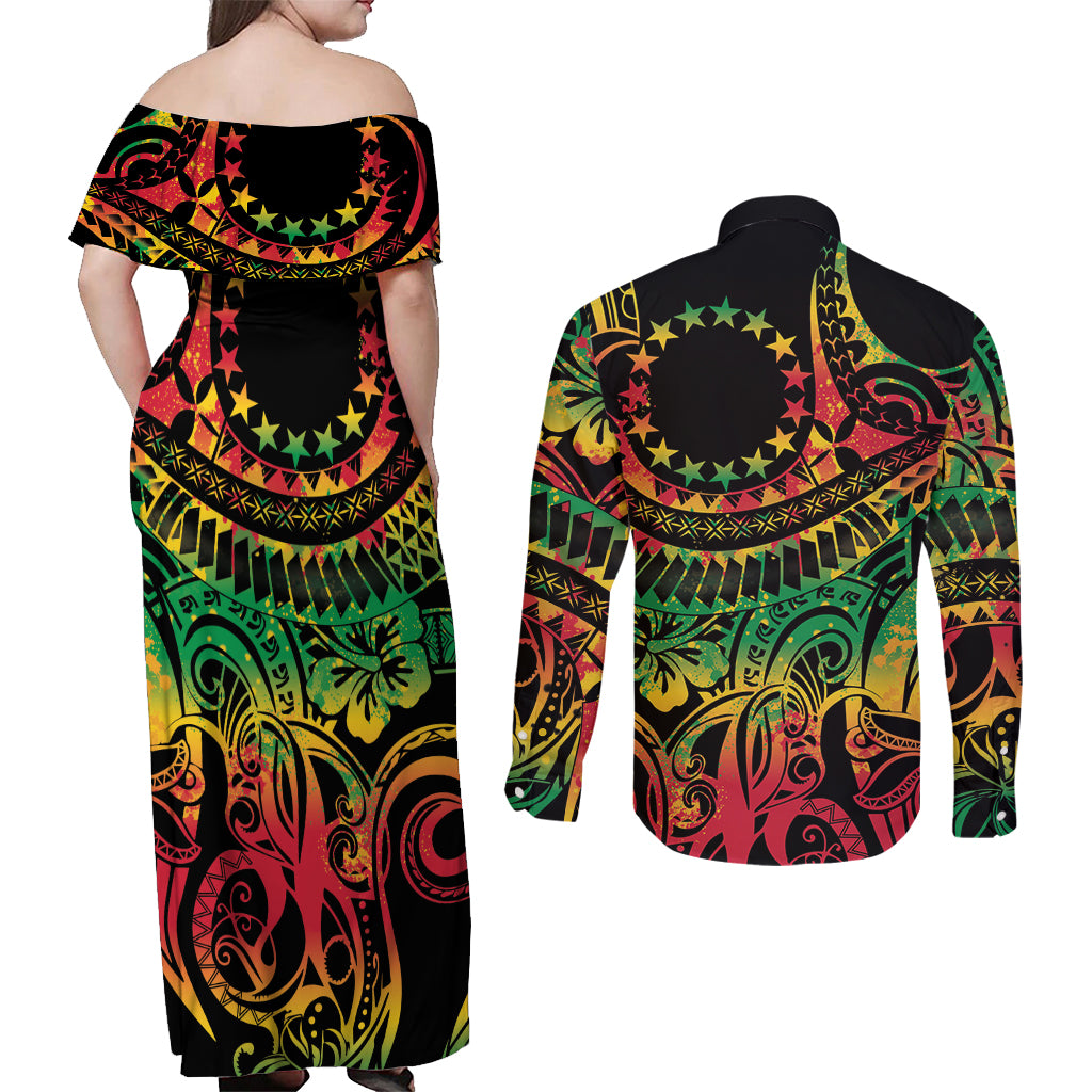 Cook Islands 15 Stars Couples Matching Off Shoulder Maxi Dress and Long Sleeve Button Shirt Kuki Airani Polynesian Tribal Wave Tattoo LT9 - Polynesian Pride