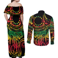 Cook Islands 15 Stars Couples Matching Off Shoulder Maxi Dress and Long Sleeve Button Shirt Kuki Airani Polynesian Tribal Wave Tattoo LT9 - Polynesian Pride