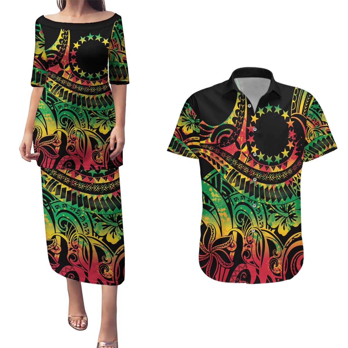 Cook Islands 15 Stars Couples Matching Puletasi and Hawaiian Shirt Kuki Airani Polynesian Tribal Wave Tattoo LT9 Reggae - Polynesian Pride
