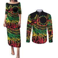 Cook Islands 15 Stars Couples Matching Puletasi and Long Sleeve Button Shirt Kuki Airani Polynesian Tribal Wave Tattoo