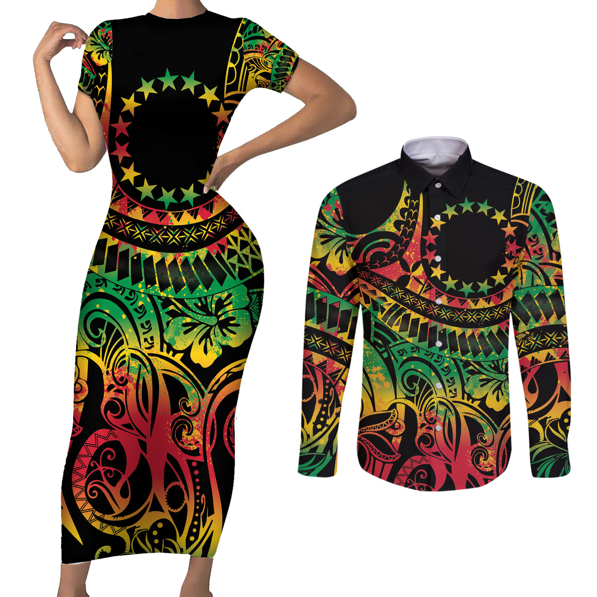 Cook Islands 15 Stars Couples Matching Short Sleeve Bodycon Dress and Long Sleeve Button Shirt Kuki Airani Polynesian Tribal Wave Tattoo LT9 Reggae - Polynesian Pride