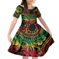 Cook Islands 15 Stars Family Matching Long Sleeve Bodycon Dress and Hawaiian Shirt Kuki Airani Polynesian Tribal Wave Tattoo LT9 Daughter's Dress Reggae - Polynesian Pride