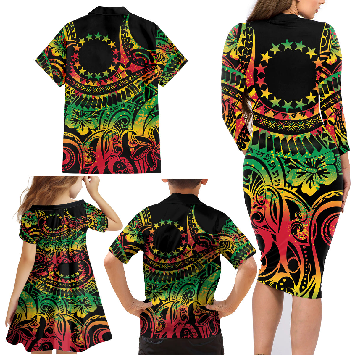Cook Islands 15 Stars Family Matching Long Sleeve Bodycon Dress and Hawaiian Shirt Kuki Airani Polynesian Tribal Wave Tattoo LT9 - Polynesian Pride