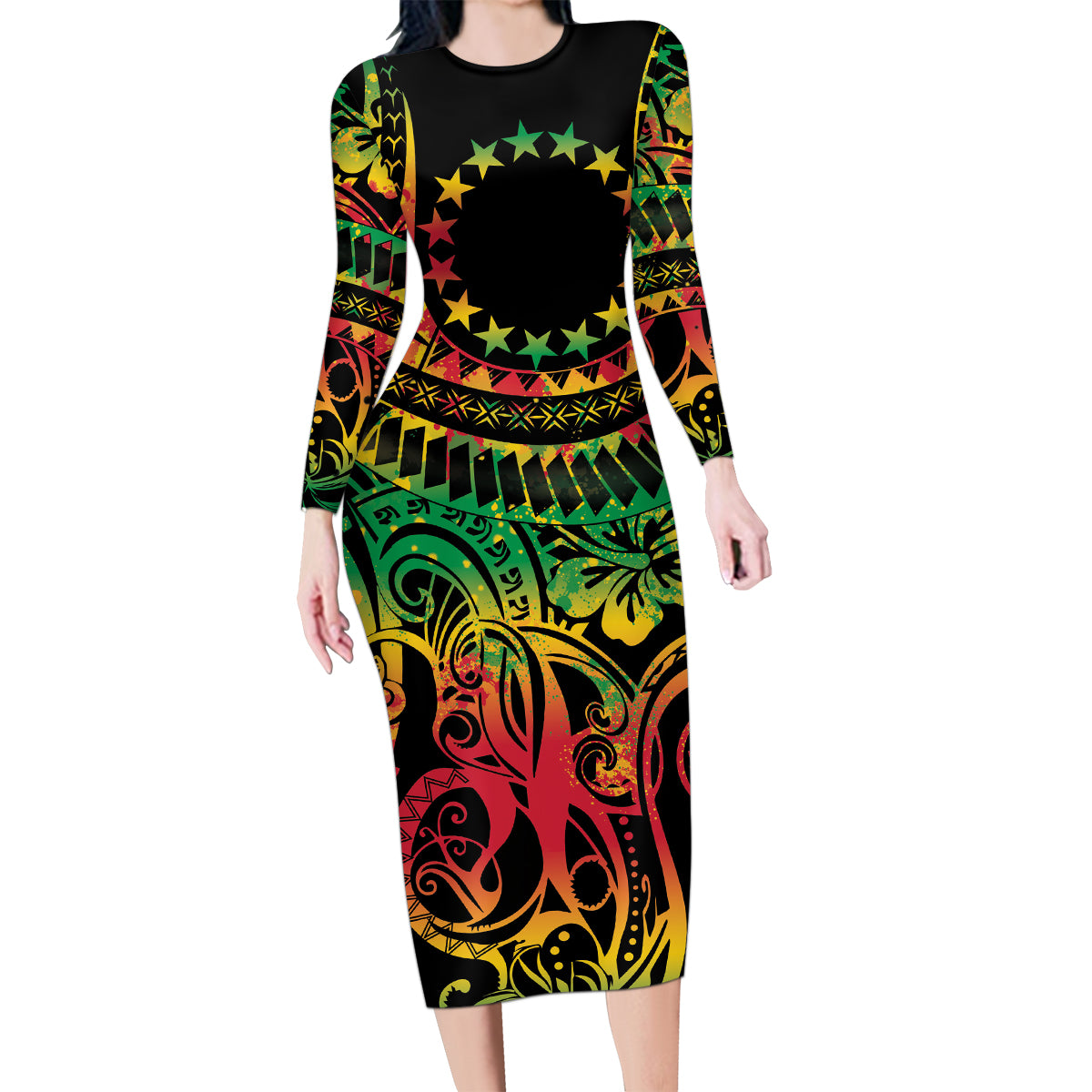 Cook Islands 15 Stars Family Matching Long Sleeve Bodycon Dress and Hawaiian Shirt Kuki Airani Polynesian Tribal Wave Tattoo LT9 Mom's Dress Reggae - Polynesian Pride