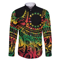 Cook Islands 15 Stars Family Matching Mermaid Dress and Hawaiian Shirt Kuki Airani Polynesian Tribal Wave Tattoo LT9 Dad's Shirt - Long Sleeve Reggae - Polynesian Pride